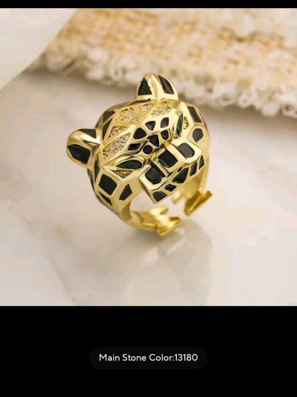 Gold Black Enamel Leopard Head Ring - Women Jewelry